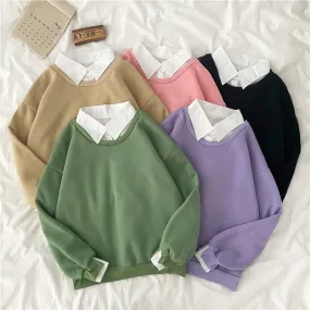 Hulianfu autumn winter Fake two-piece oversized women sweatshirt Korean style fleece hoodie Casual Pullovers harajuku solid streetwear