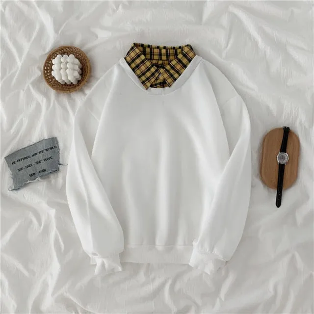 Hulianfu autumn winter Fake two-piece oversized women sweatshirt Korean style fleece hoodie Casual Pullovers harajuku solid streetwear