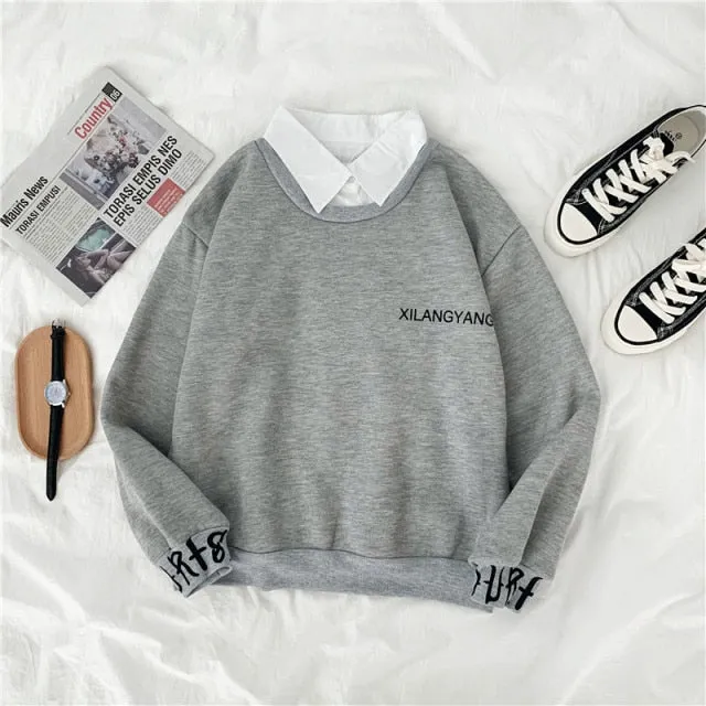 Hulianfu autumn winter Fake two-piece oversized women sweatshirt Korean style fleece hoodie Casual Pullovers harajuku solid streetwear