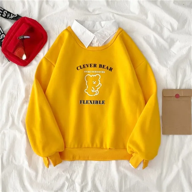 Hulianfu autumn winter Fake two-piece oversized women sweatshirt Korean style fleece hoodie Casual Pullovers harajuku solid streetwear