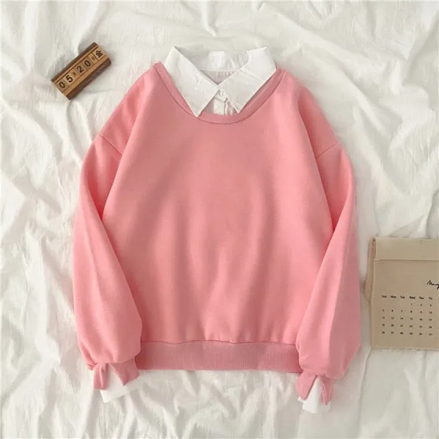 Hulianfu autumn winter Fake two-piece oversized women sweatshirt Korean style fleece hoodie Casual Pullovers harajuku solid streetwear