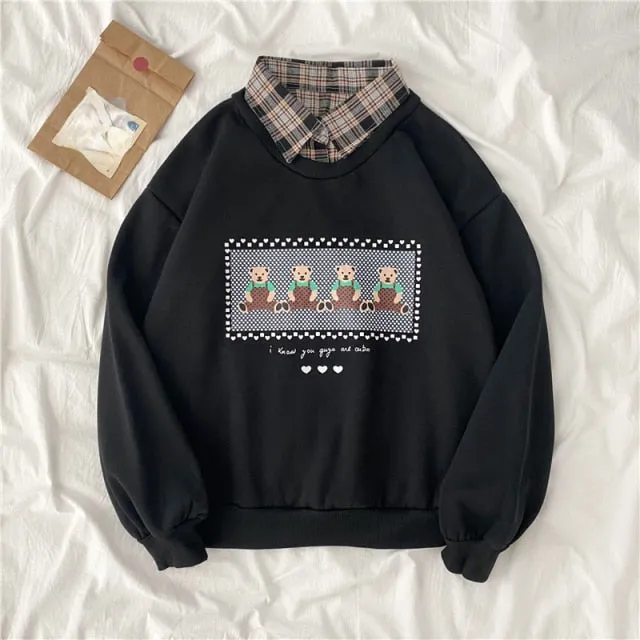 Hulianfu autumn winter Fake two-piece oversized women sweatshirt Korean style fleece hoodie Casual Pullovers harajuku solid streetwear