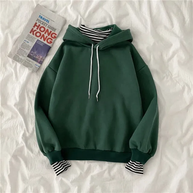 Hulianfu autumn winter Fake two-piece oversized women sweatshirt Korean style fleece hoodie Casual Pullovers harajuku solid streetwear