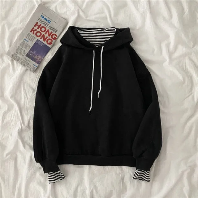 Hulianfu autumn winter Fake two-piece oversized women sweatshirt Korean style fleece hoodie Casual Pullovers harajuku solid streetwear