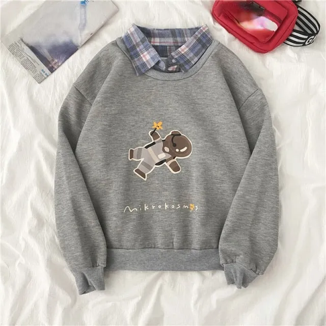 Hulianfu autumn winter Fake two-piece oversized women sweatshirt Korean style fleece hoodie Casual Pullovers harajuku solid streetwear