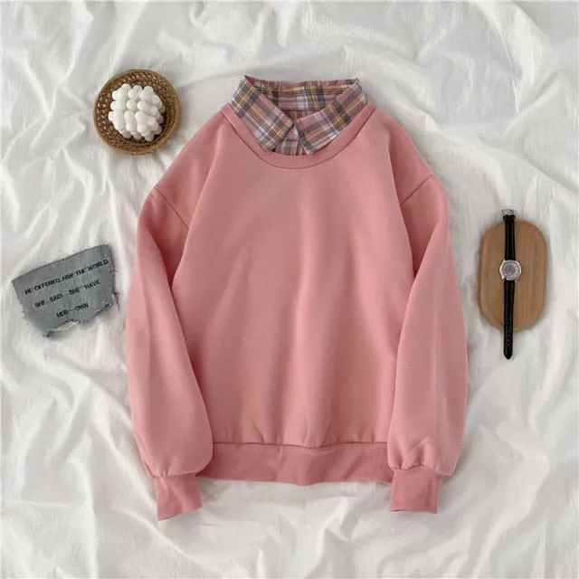 Hulianfu autumn winter Fake two-piece oversized women sweatshirt Korean style fleece hoodie Casual Pullovers harajuku solid streetwear