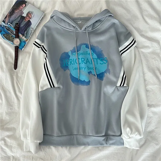 Hulianfu autumn winter Fake two-piece oversized women sweatshirt Korean style fleece hoodie Casual Pullovers harajuku solid streetwear