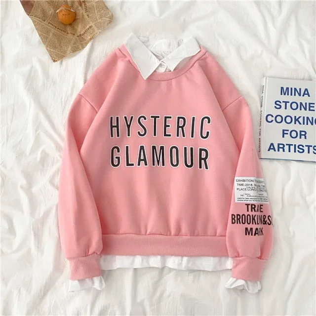 Hulianfu autumn winter Fake two-piece oversized women sweatshirt Korean style fleece hoodie Casual Pullovers harajuku solid streetwear