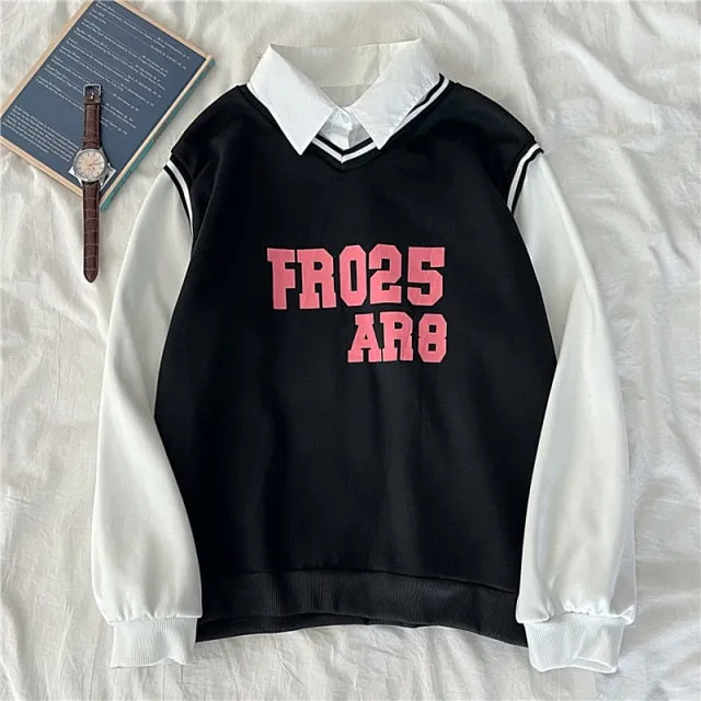 Hulianfu autumn winter Fake two-piece oversized women sweatshirt Korean style fleece hoodie Casual Pullovers harajuku solid streetwear