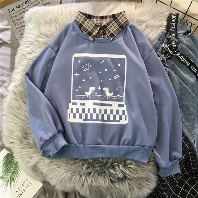 Hulianfu autumn winter Fake two-piece oversized women sweatshirt Korean style fleece hoodie Casual Pullovers harajuku solid streetwear