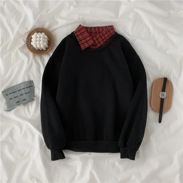 Hulianfu autumn winter Fake two-piece oversized women sweatshirt Korean style fleece hoodie Casual Pullovers harajuku solid streetwear