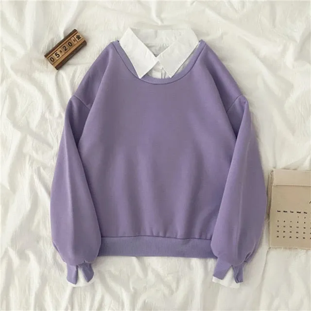 Hulianfu autumn winter Fake two-piece oversized women sweatshirt Korean style fleece hoodie Casual Pullovers harajuku solid streetwear