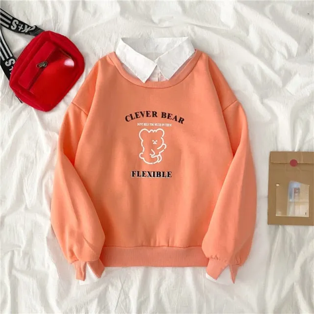Hulianfu autumn winter Fake two-piece oversized women sweatshirt Korean style fleece hoodie Casual Pullovers harajuku solid streetwear