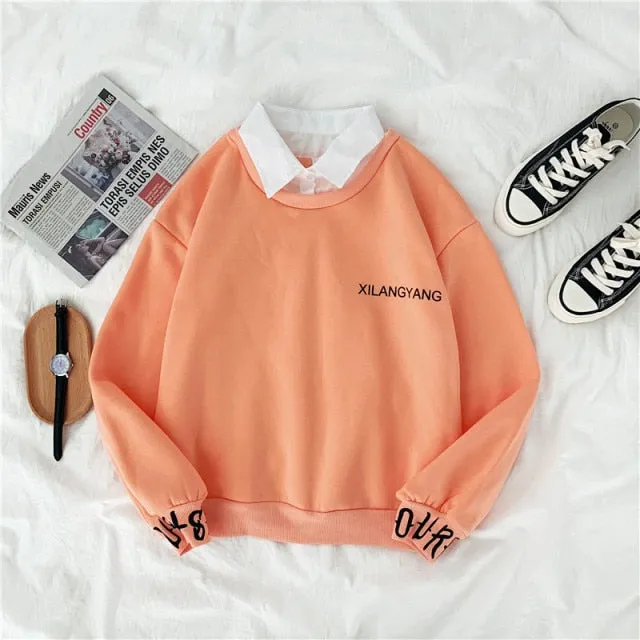 Hulianfu autumn winter Fake two-piece oversized women sweatshirt Korean style fleece hoodie Casual Pullovers harajuku solid streetwear
