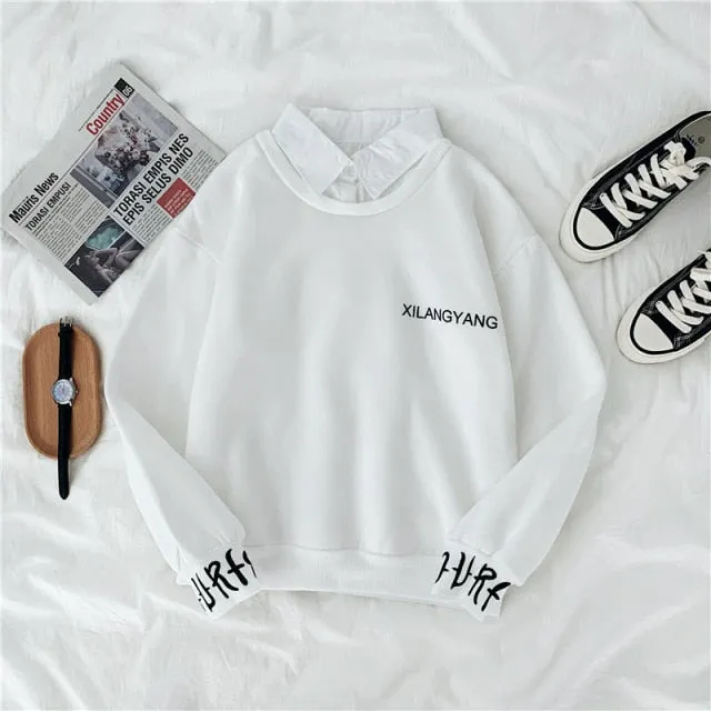 Hulianfu autumn winter Fake two-piece oversized women sweatshirt Korean style fleece hoodie Casual Pullovers harajuku solid streetwear