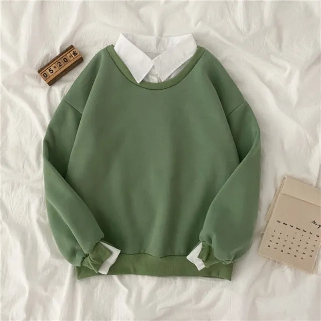 Hulianfu autumn winter Fake two-piece oversized women sweatshirt Korean style fleece hoodie Casual Pullovers harajuku solid streetwear