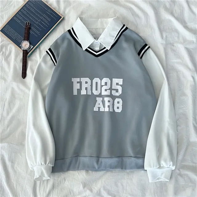 Hulianfu autumn winter Fake two-piece oversized women sweatshirt Korean style fleece hoodie Casual Pullovers harajuku solid streetwear