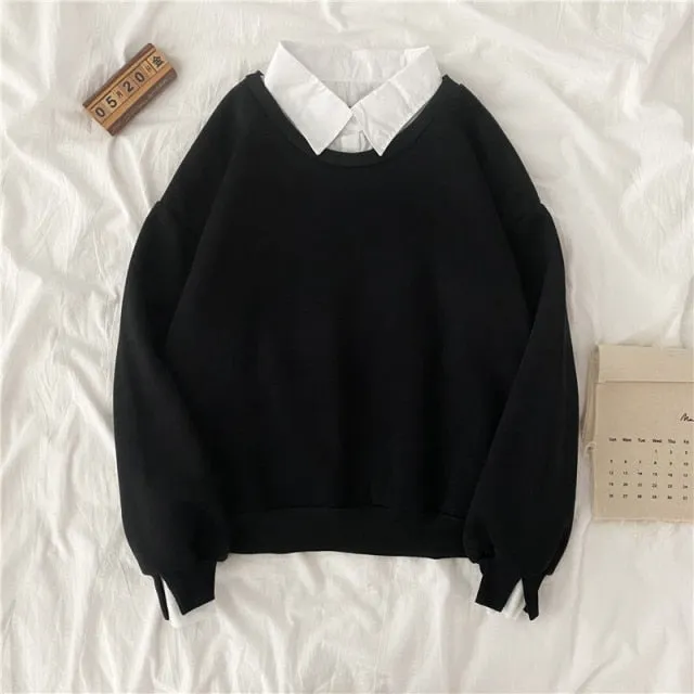 Hulianfu autumn winter Fake two-piece oversized women sweatshirt Korean style fleece hoodie Casual Pullovers harajuku solid streetwear