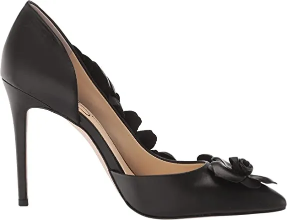 Jessica Simpson Pointesta Black Nappa Flower Embellished D'Orsay Stiletto Pumps