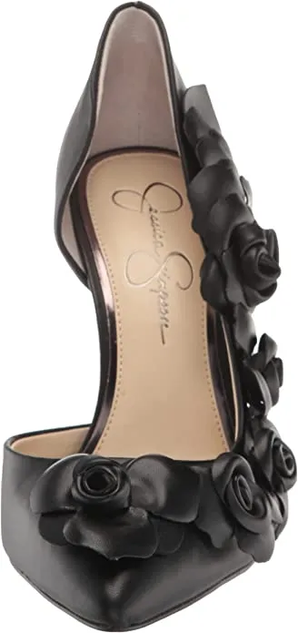 Jessica Simpson Pointesta Black Nappa Flower Embellished D'Orsay Stiletto Pumps