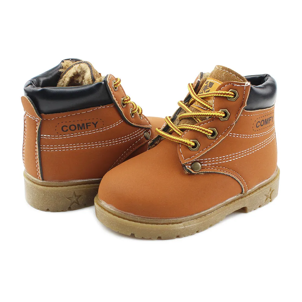 Kids Boy's Outdoor Waterproof Combat Boots Warm Suede Leather Lace-Up Shoes Ankle boots
