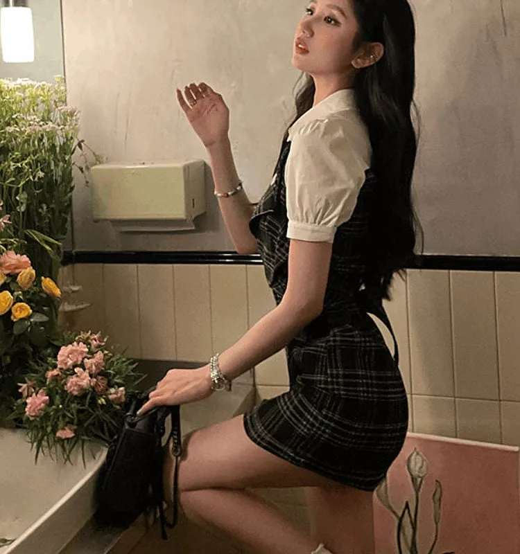 Korean Fashion Slim Patchwork Plaid Dress