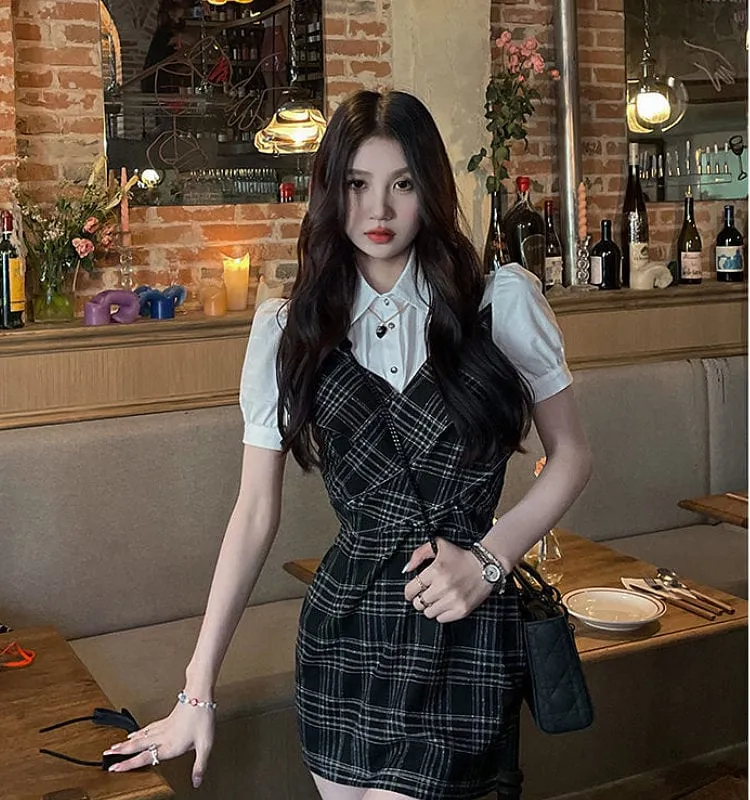 Korean Fashion Slim Patchwork Plaid Dress