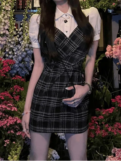 Korean Fashion Slim Patchwork Plaid Dress