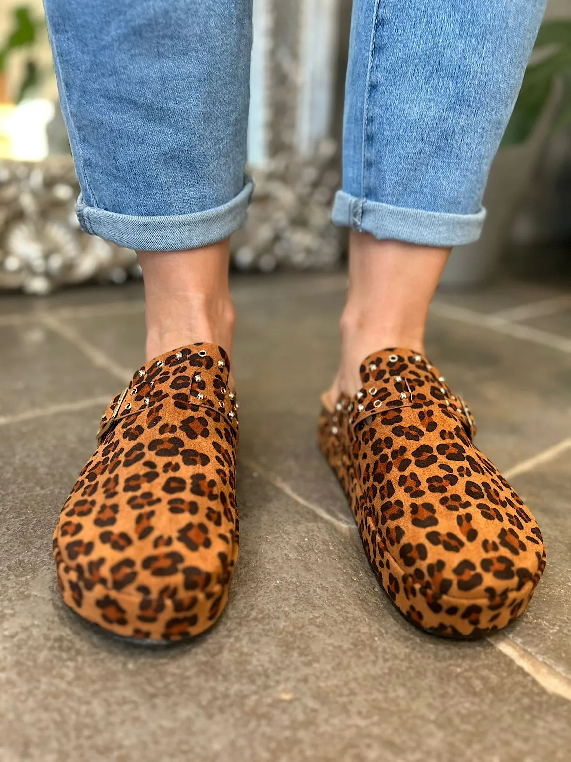 Leopard Faux Suede Slip On Mule