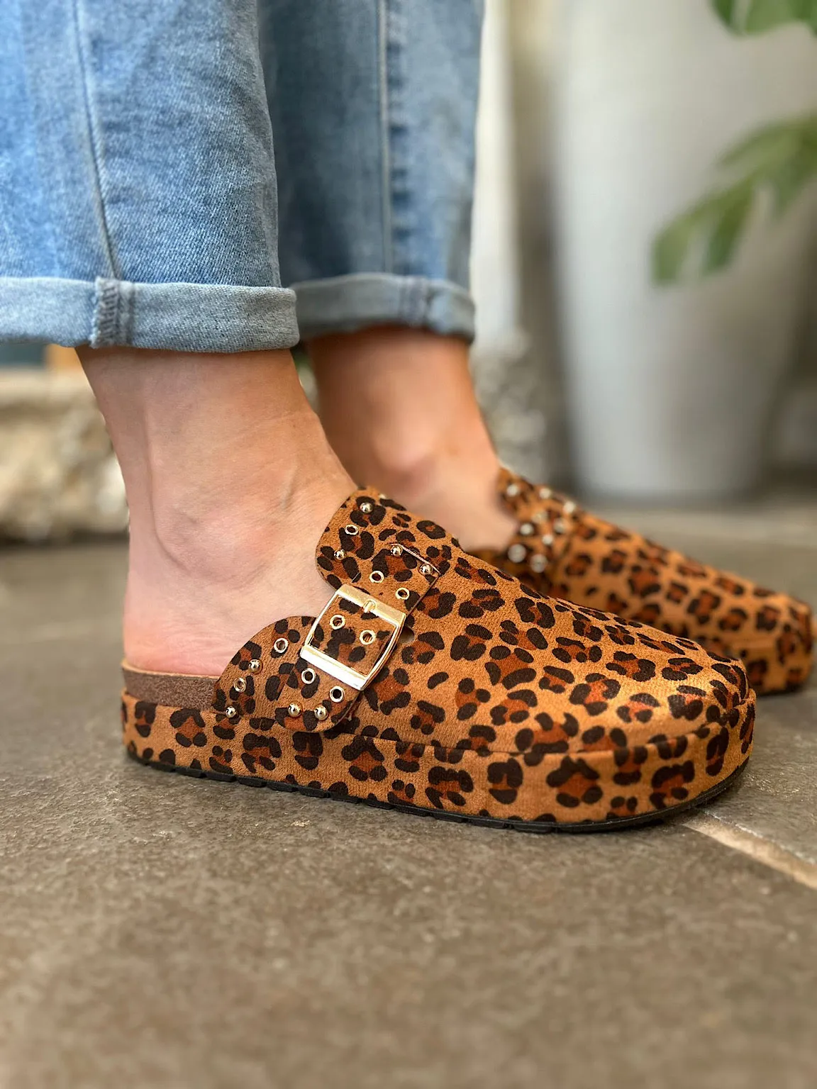 Leopard Faux Suede Slip On Mule