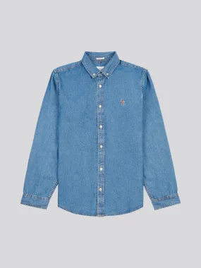 Mens Double Horsemen Chambray Long Sleeve Shirt in Medium Wash