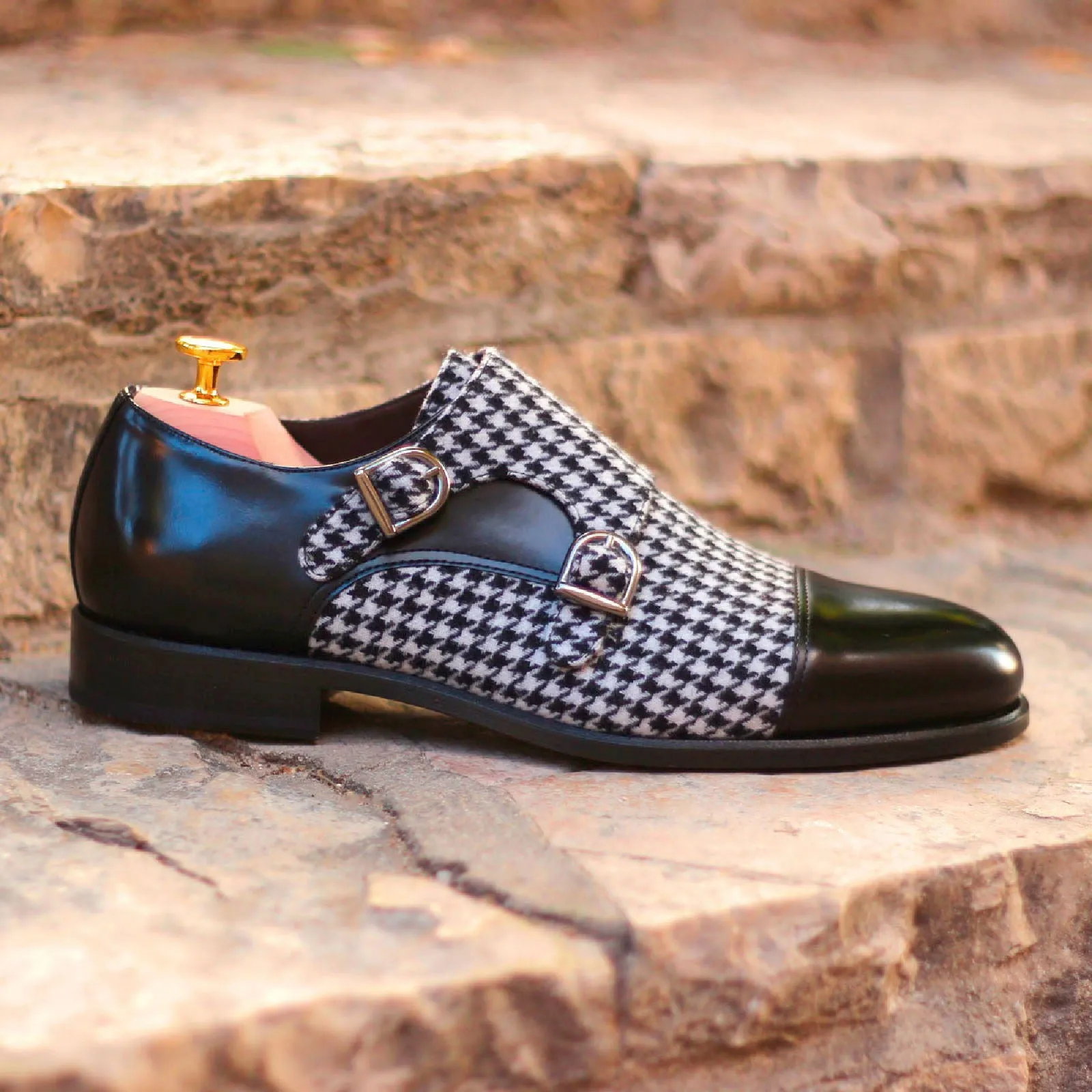 Men's Double Monk Leather Shoes Wide Plus Size Black 1491