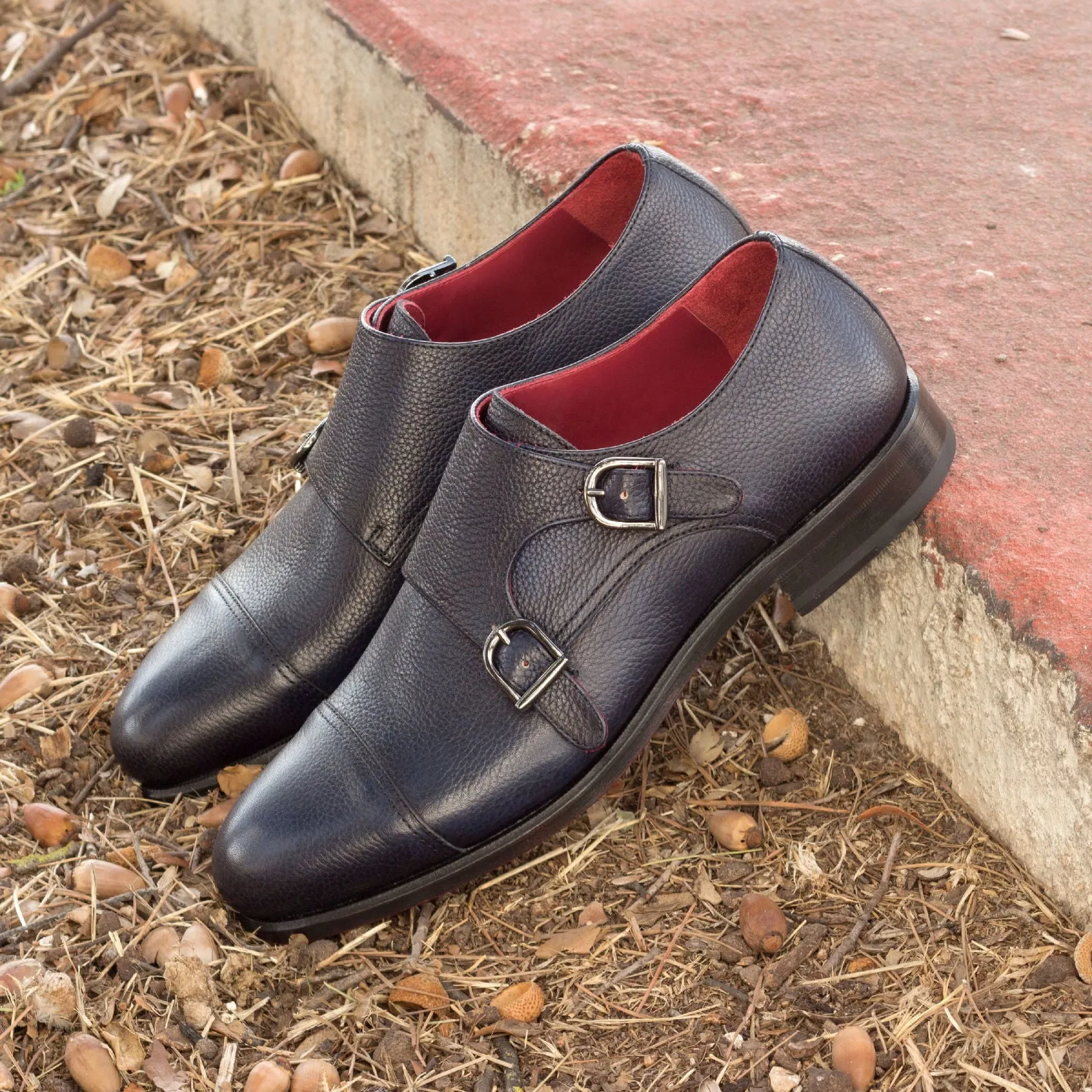 Men's Double Monk Leather Shoes Wide Plus Size Blue 2578