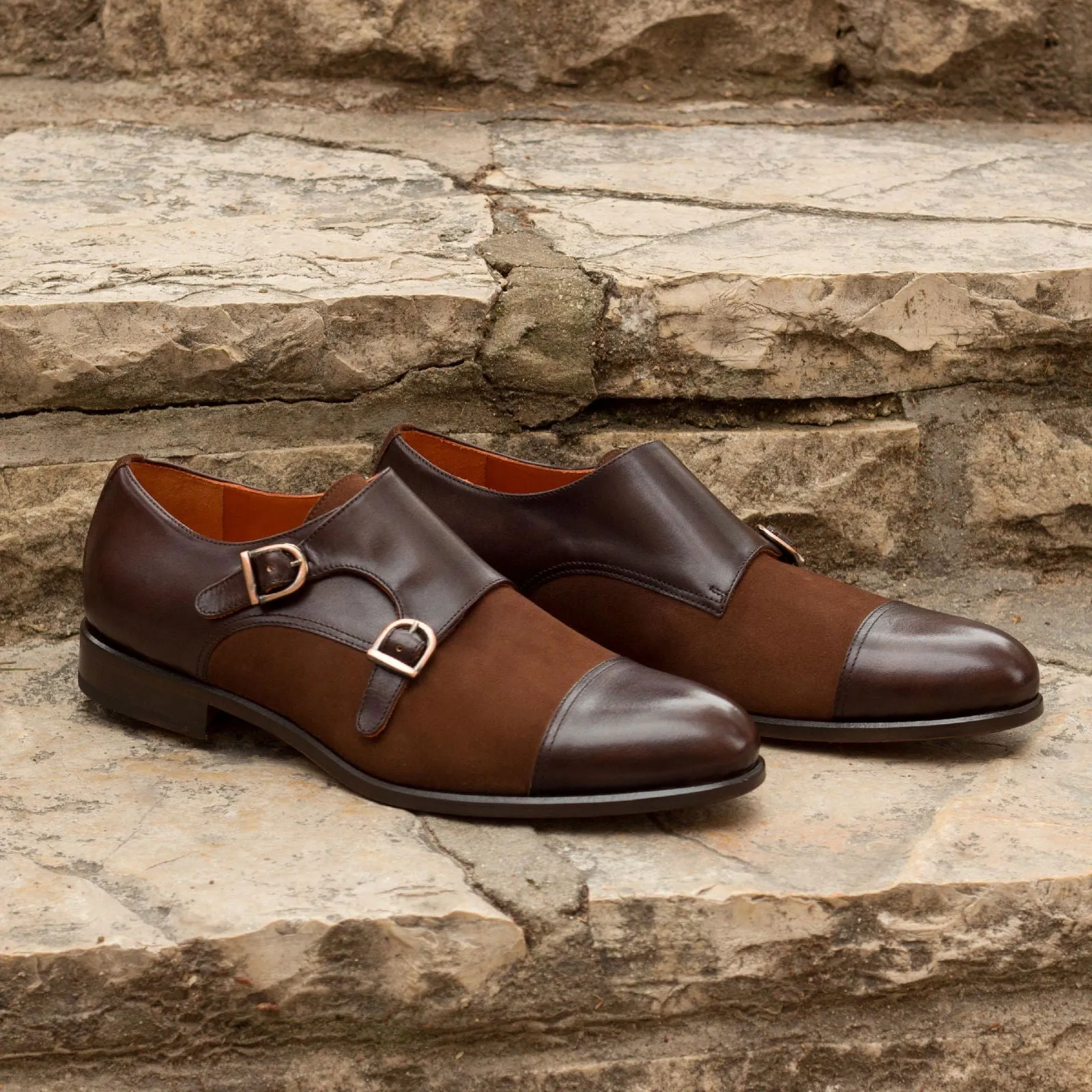 Men's Double Monk Leather Shoes Wide Plus Size Brown Dark Brown 2063