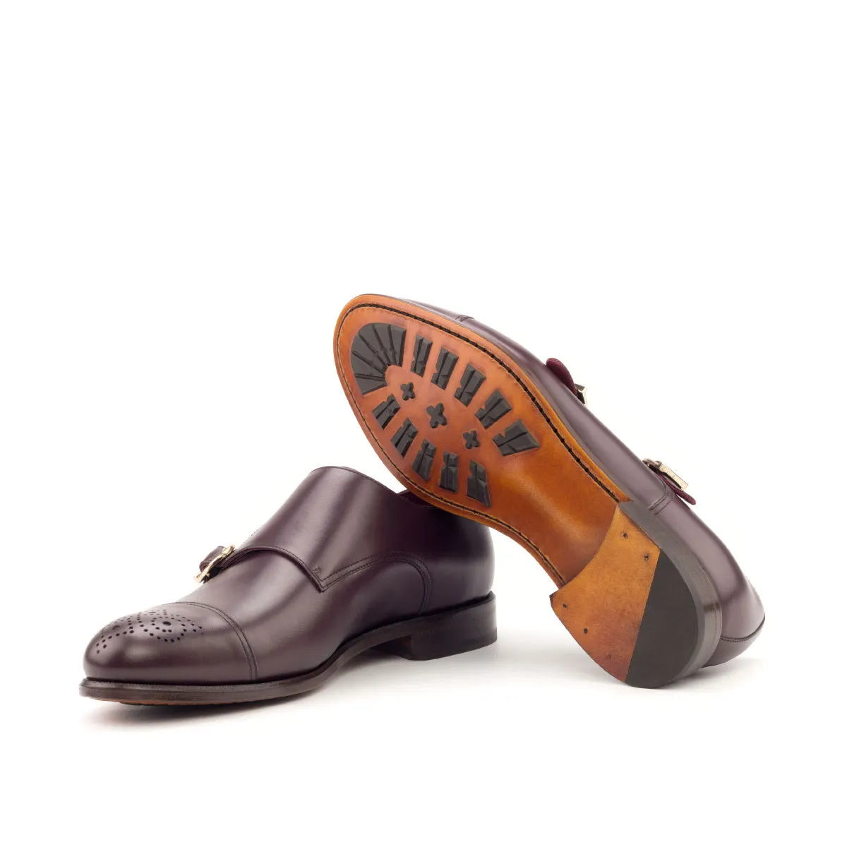 Men's Double Monk Leather Shoes Wide Plus Size Burgundy 2778