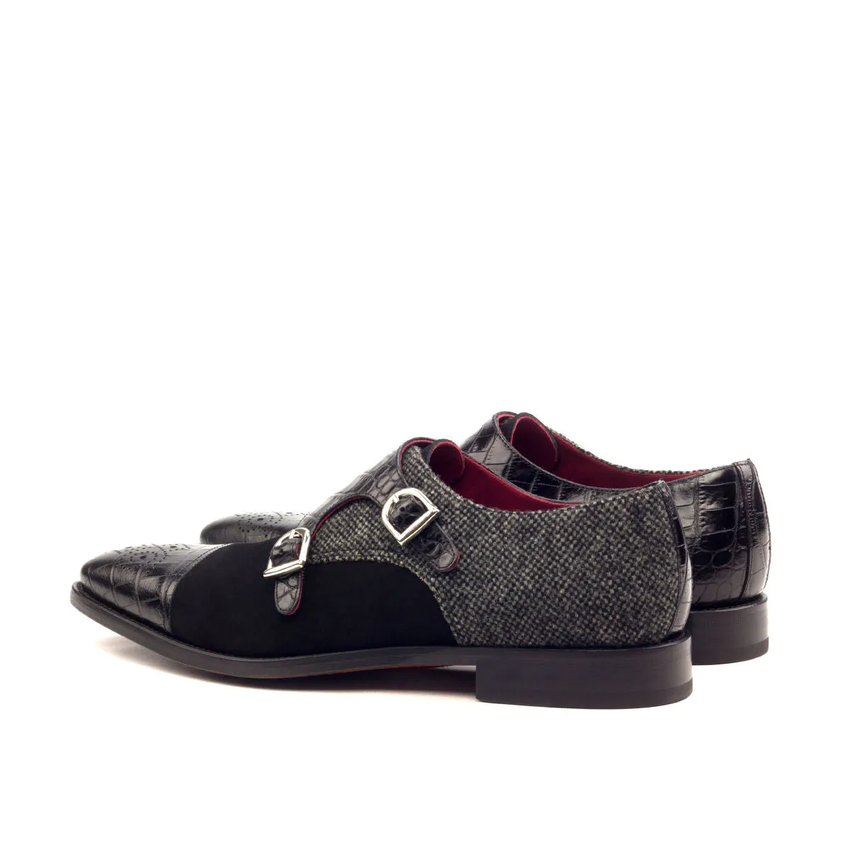 Men's Double Monk Leather Shoes Wide Plus Size Grey Black 2590