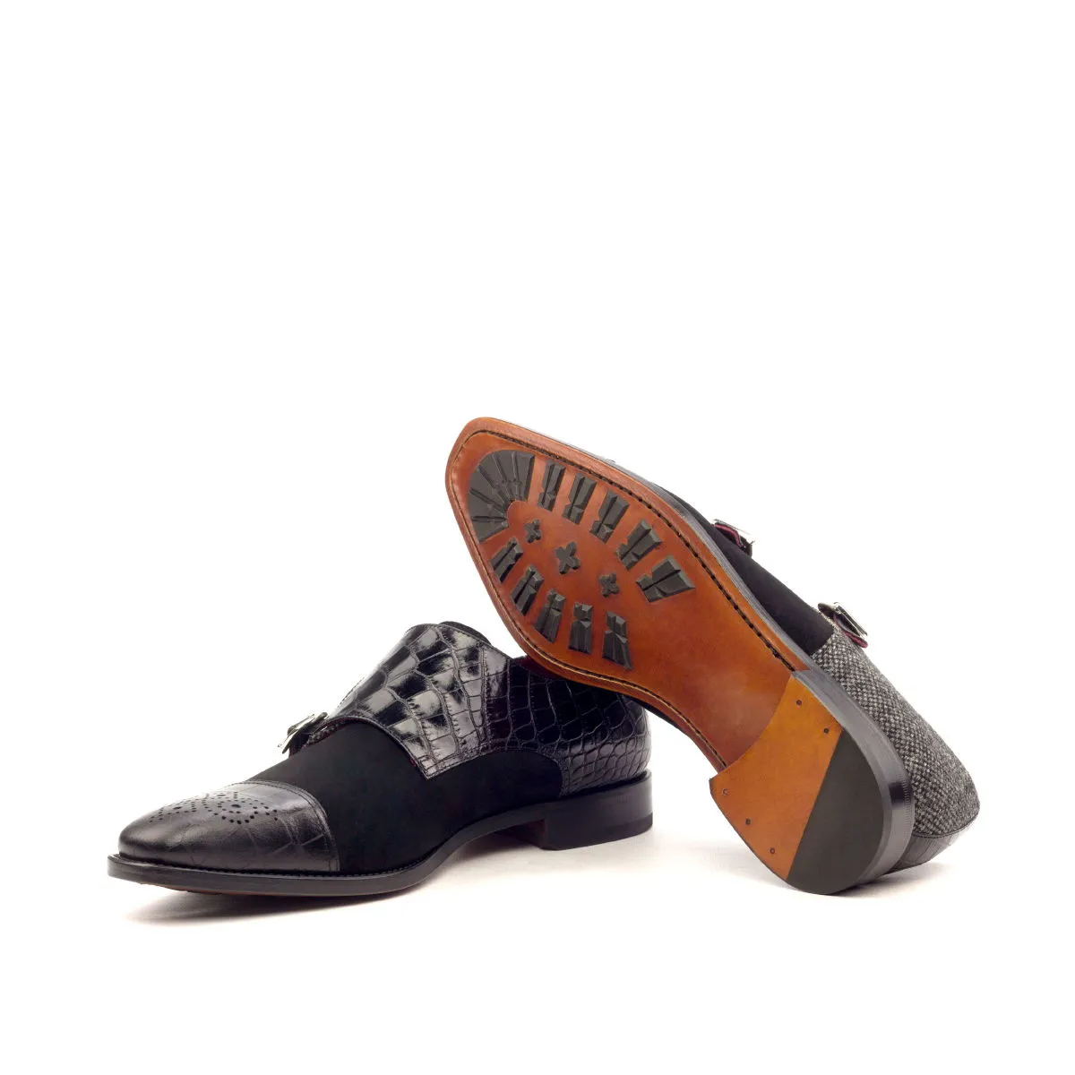 Men's Double Monk Leather Shoes Wide Plus Size Grey Black 2590