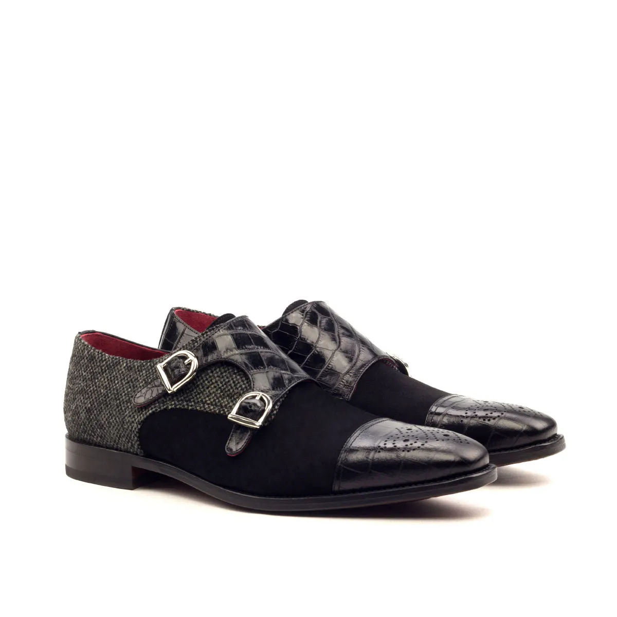 Men's Double Monk Leather Shoes Wide Plus Size Grey Black 2590