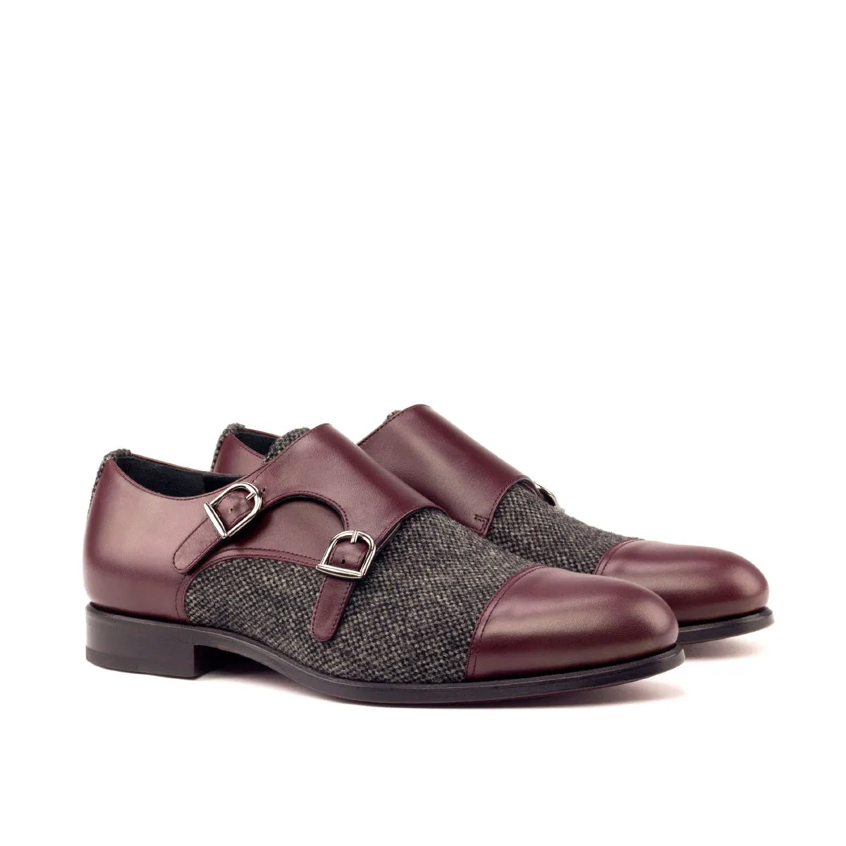 Men's Double Monk Leather Shoes Wide Plus Size Grey Burgundy 2661