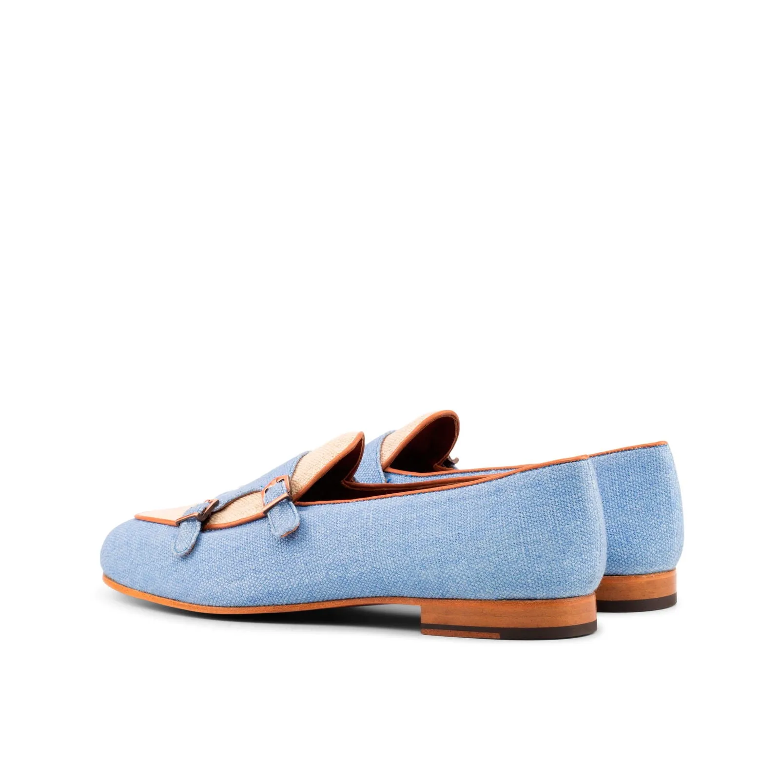 Men's Double Monk Leather Slippers Wide Plus Size Blue White 3892