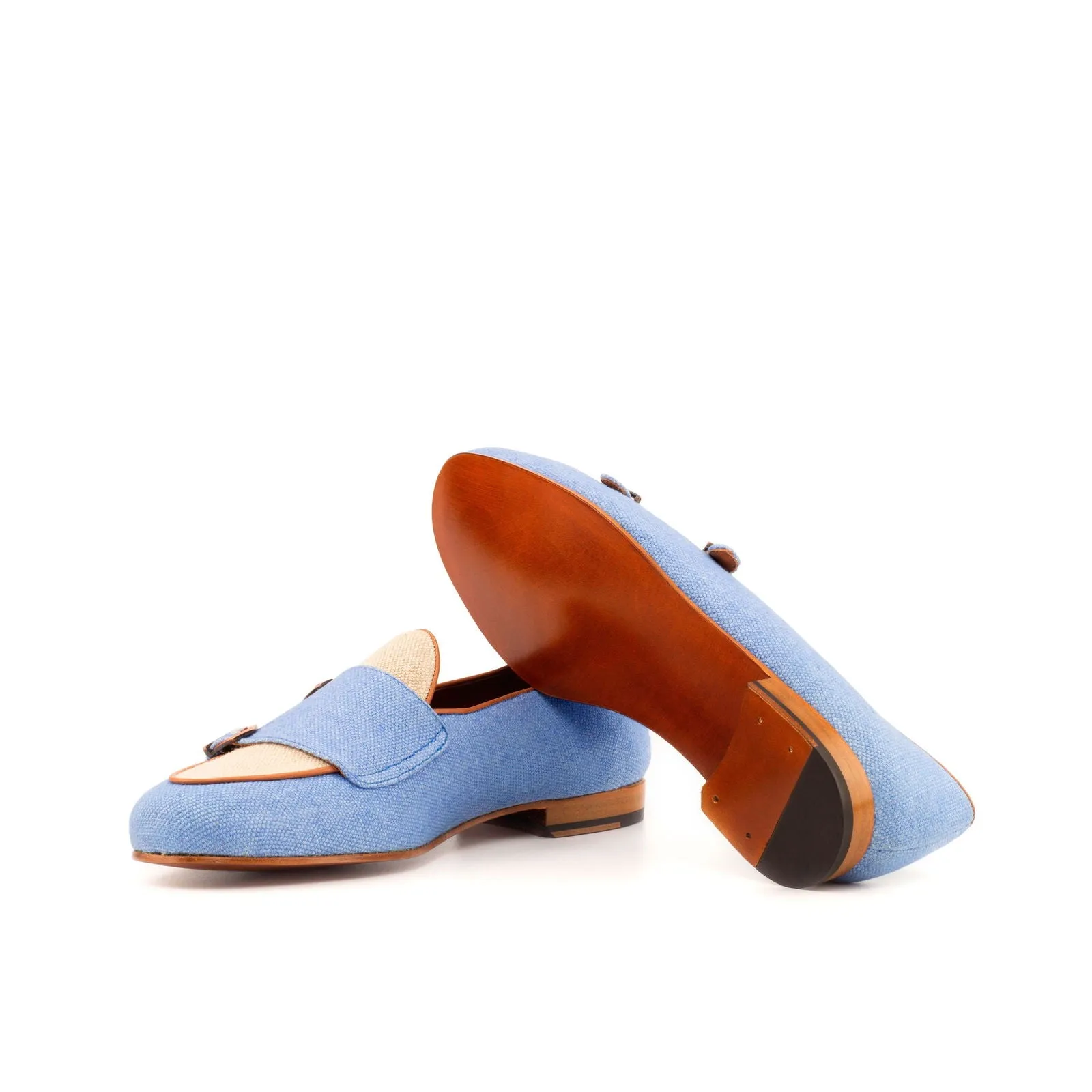 Men's Double Monk Leather Slippers Wide Plus Size Blue White 3892