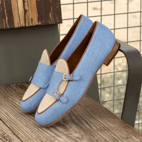 Men's Double Monk Leather Slippers Wide Plus Size Blue White 3892