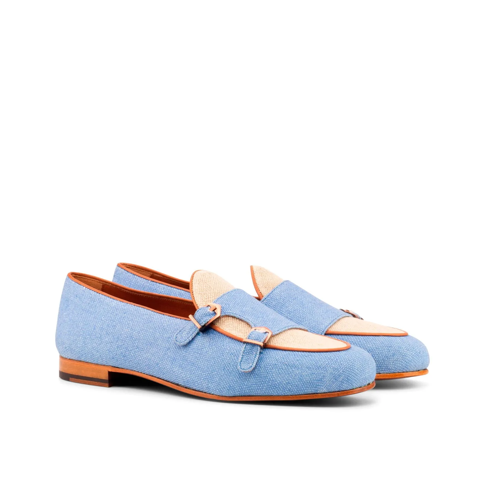 Men's Double Monk Leather Slippers Wide Plus Size Blue White 3892