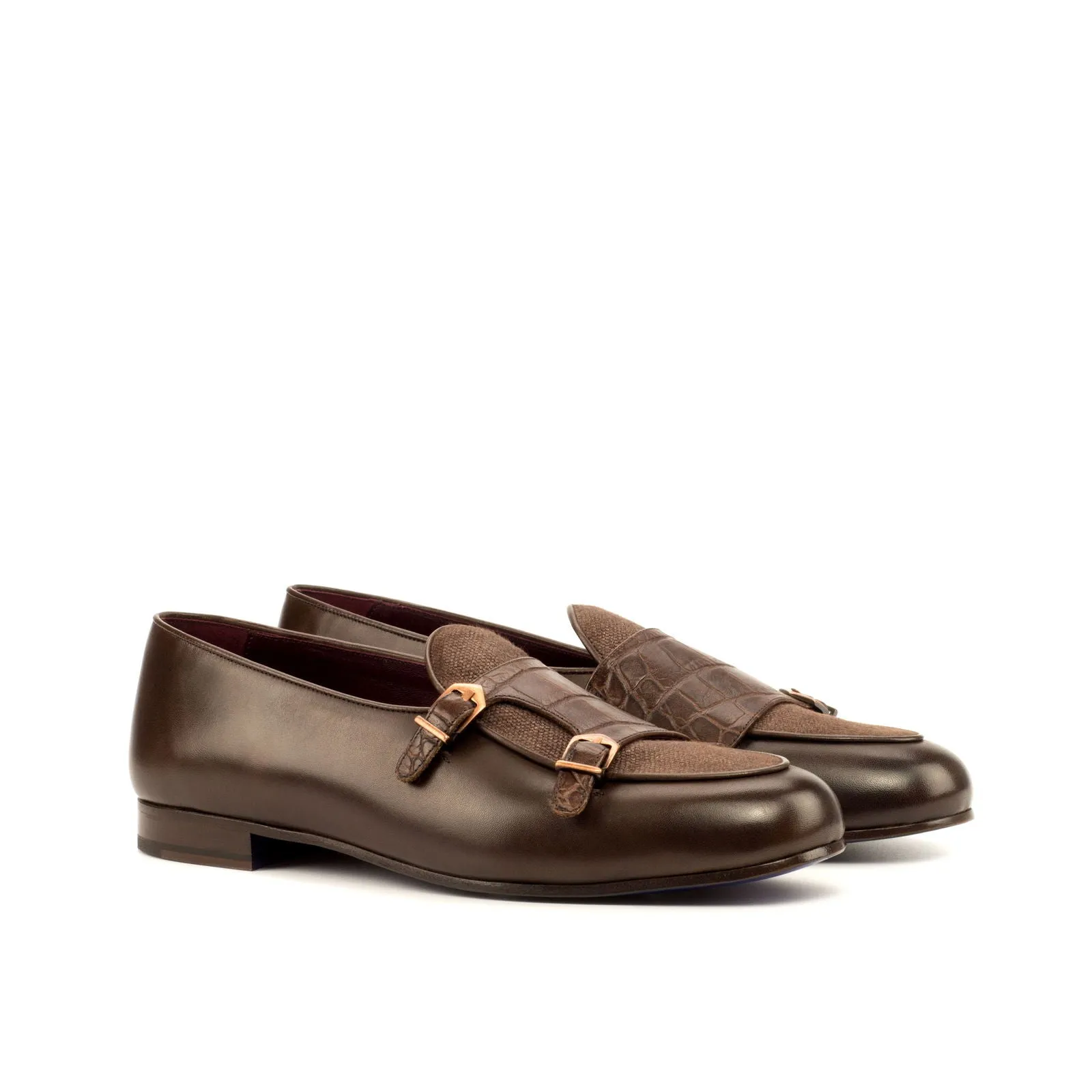Men's Double Monk Leather Slippers Wide Plus Size Brown Dark Brown 3648