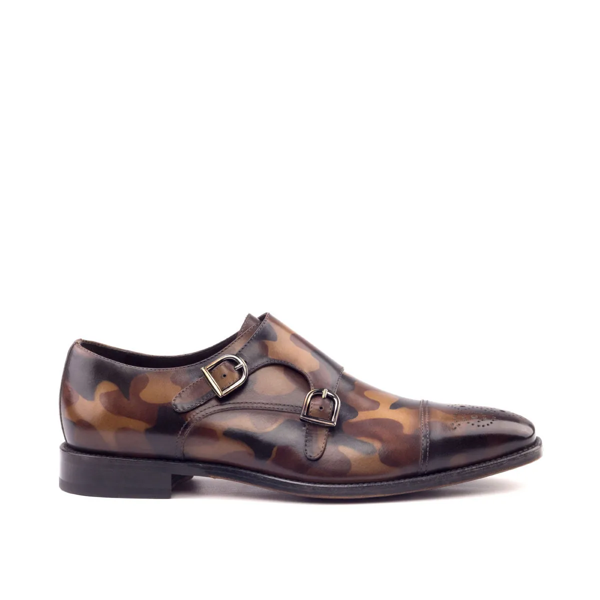 Men's Double Monk Shoes Patina Leather Wide Plus Size Brown 2655
