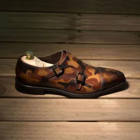 Men's Double Monk Shoes Patina Leather Wide Plus Size Brown 2655