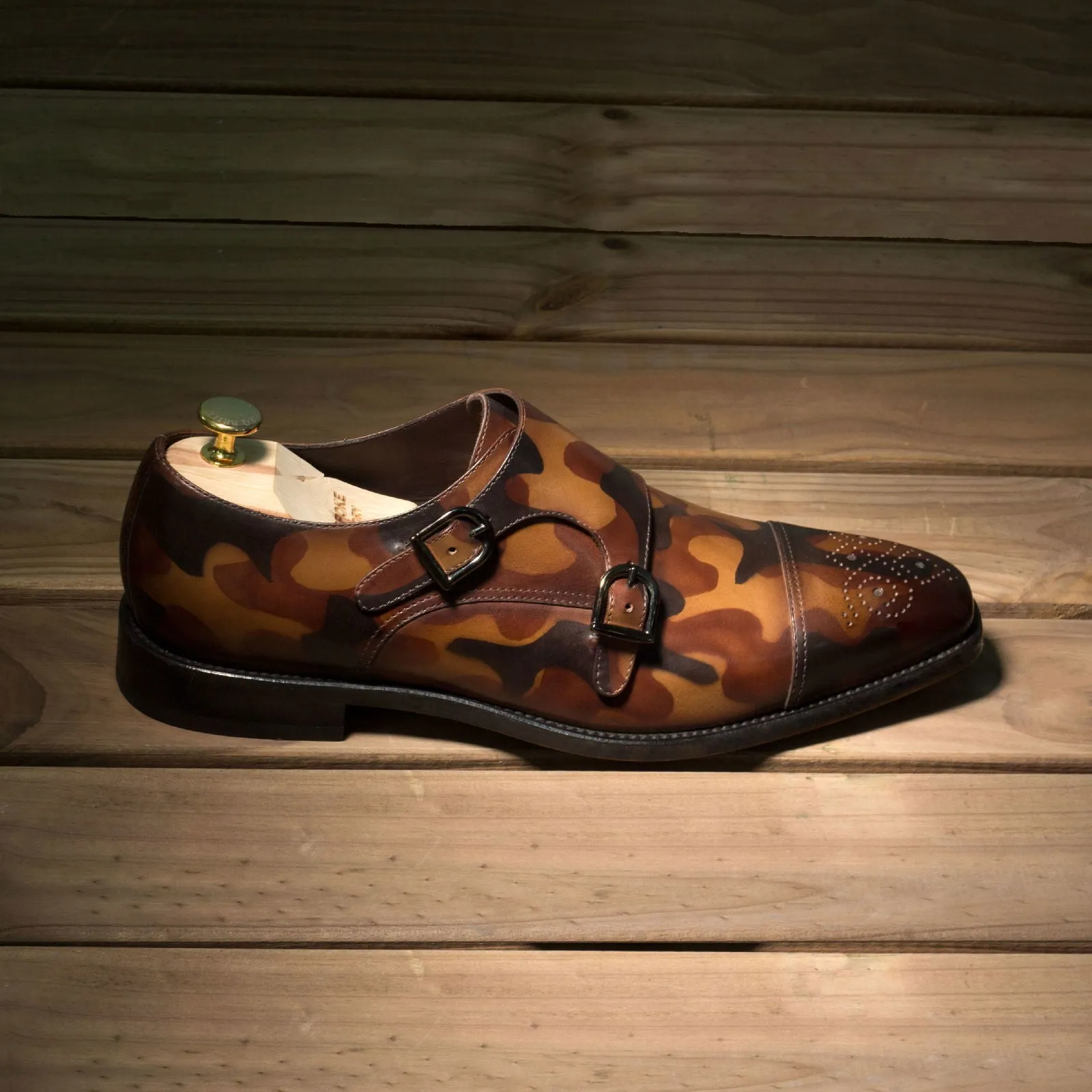 Men's Double Monk Shoes Patina Leather Wide Plus Size Brown 2655