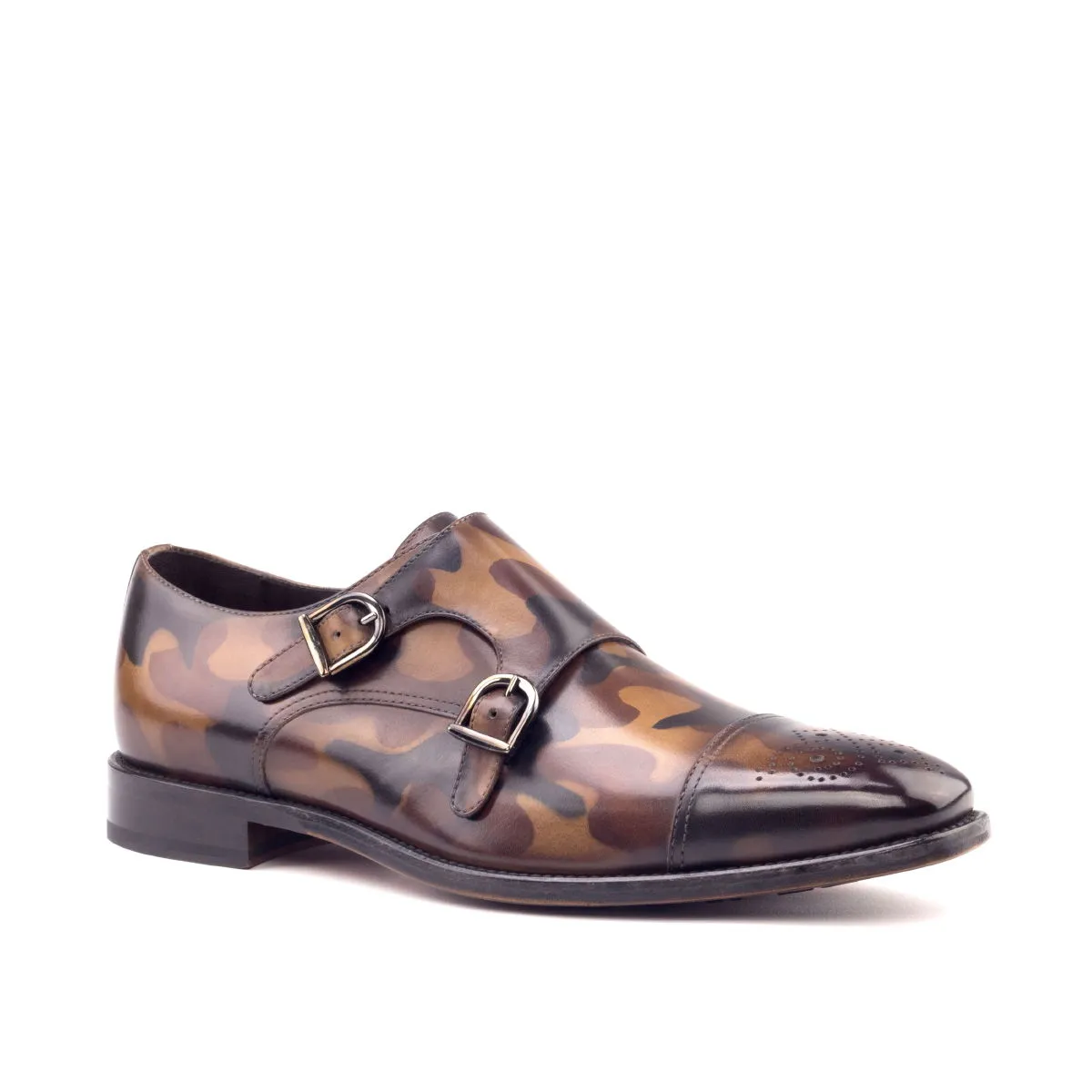 Men's Double Monk Shoes Patina Leather Wide Plus Size Brown 2655
