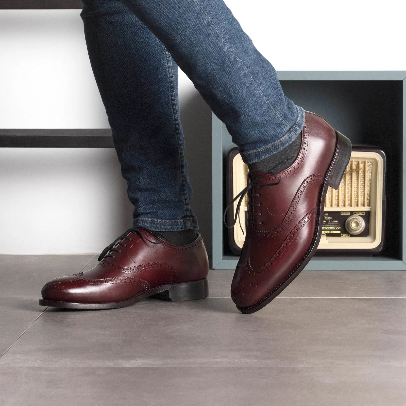 Men's Full Brogue Leather Shoes Goodyear Welt Wide Plus Size Burgundy 5695