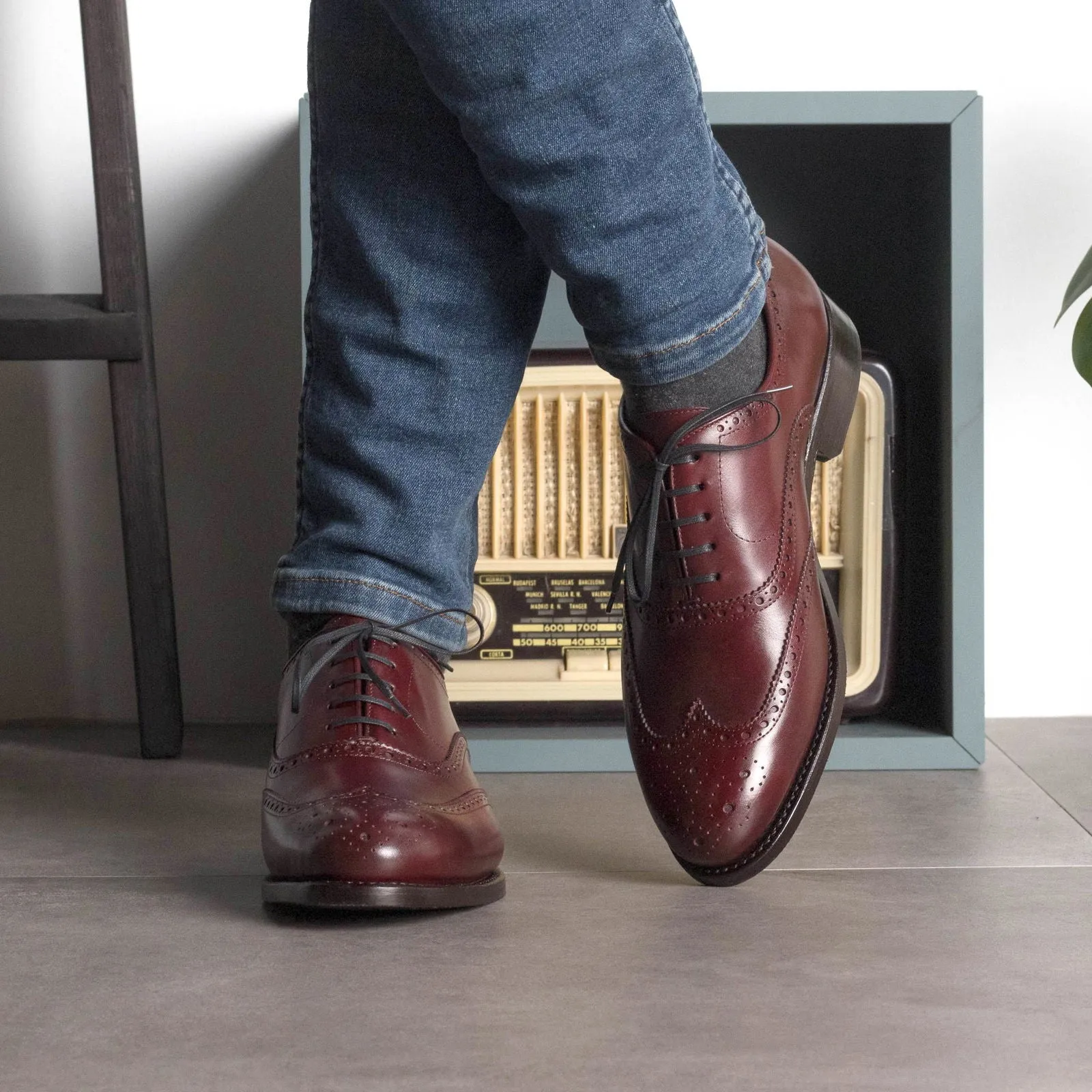 Men's Full Brogue Leather Shoes Goodyear Welt Wide Plus Size Burgundy 5695